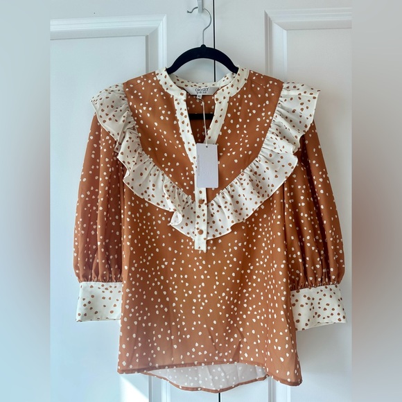 CROSBY by Mollie Burch Women’s Orange White Dot Ruffle Blouse NWT (Size XS) - Picture 2 of 8